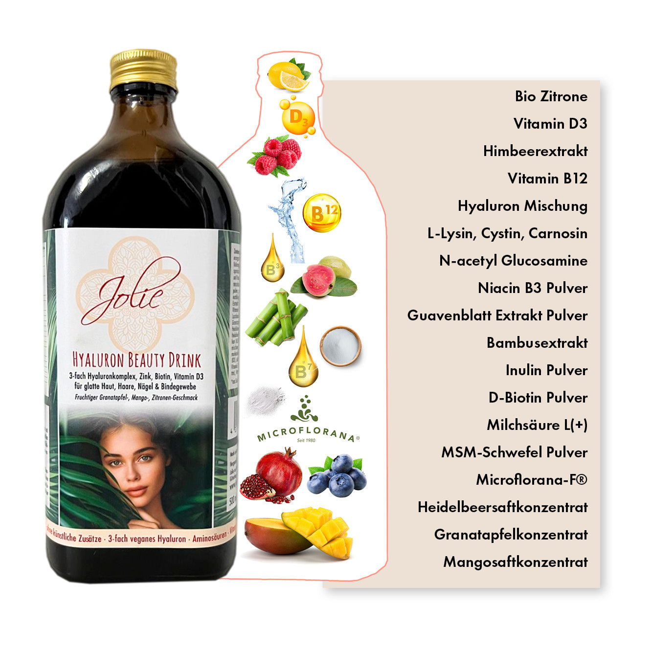 Hyaluron Drink I 3-fach Hyaluron Komplex I schmeckt fruchtig nach Granatapfel, Mango & Zitrone I Anti-Aging Boost für Haut, Haare & Nägel - Jolie au naturel: Nachhaltige Naturkosmetik