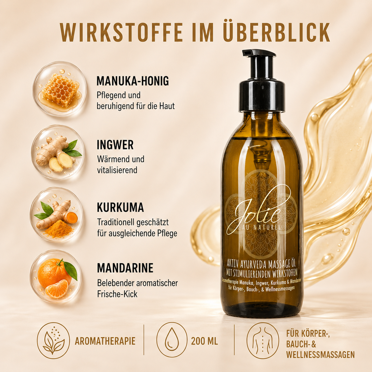 Aktiv Ayurveda Massageöl | Manukahonig | Kurkuma | Aromatherapie 200 ml