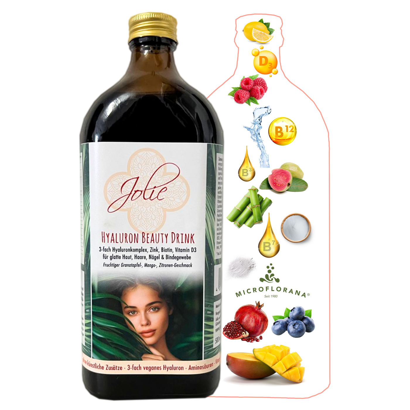 Hyaluron Drink I 3-fach Hyaluron Komplex I schmeckt fruchtig nach Granatapfel, Mango & Zitrone I Anti-Aging Boost für Haut, Haare & Nägel