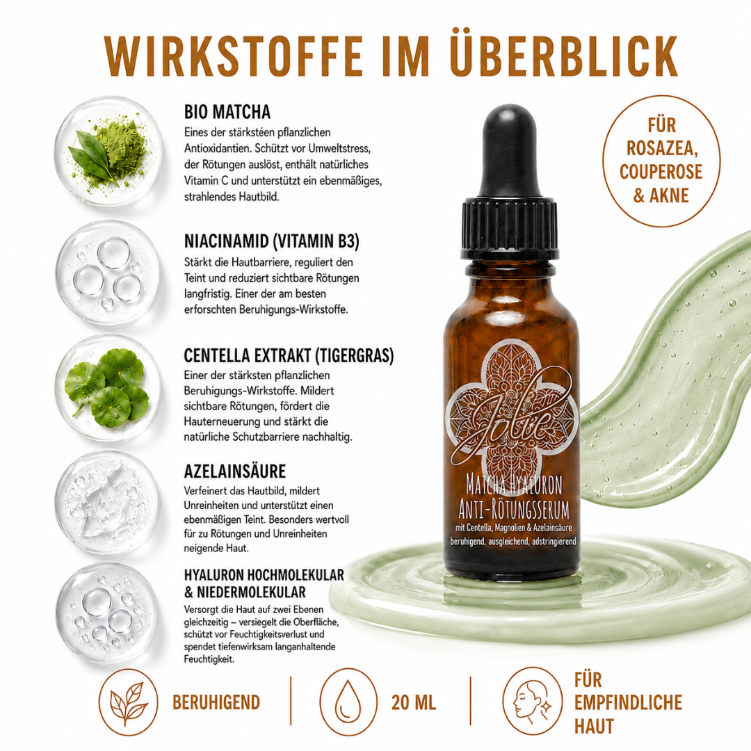 Matcha Hyaluron Anti-Rötungsserum für Rosazea, Couperose & Akne